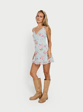 Sandia Lace Trim Mini Dress Blue Floral