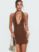 French 75 Plunge Halter Mini Dress Chocolate