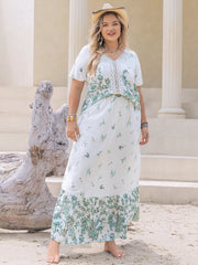 Plus Size Printed Lace Detail Short Sleeve Top and Skirt Set