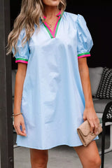 Puff Sleeve Mini Dress with Contrast Trim
