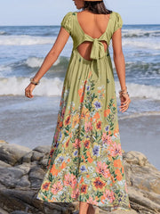 Backless Printed V-Neck Short Sleeve Maxi Dress