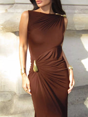 Draped Sleeveless Bodycon Maxi Dress with Metal Decorative