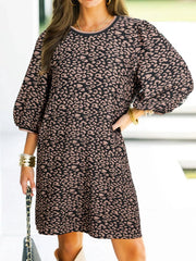 Leopard Print Bubble Sleeve Shift Mini Dress