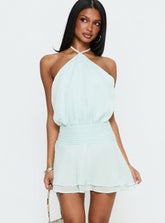 Rozario Chiffon Halter Mini Dress Aqua / Silver