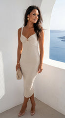 Veroniqa Ribbed Knit Sweetheart Midi Dress - Beige