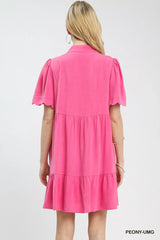 Umgee Linen Tiered Babydoll Dress with Scalloped Sleeves