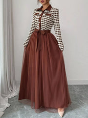 Plaid Long Sleeve Tulle Maxi Dress