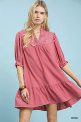 Umgee Lace Yoke Tiered Mini Dress