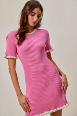 SO ME Contrast Ruffled Sweater Knit Mini Dress