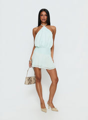 Rozario Chiffon Halter Mini Dress Aqua / Silver