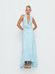 Invisible String Cowl Plunge Backless Maxi Dress Light Blue