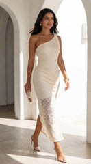 Solvèra Lace One Shoulder Midi Dress - Pale Yellow