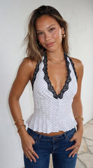 Valette Polka Dot Lace Halter Top - White