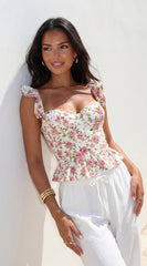 Zala Floral Corset Ruffle Top - Cream