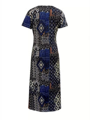 Plus Size Geometric Print V-Neck Short Sleeve Dress