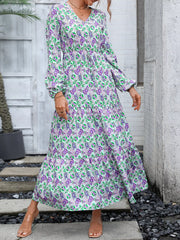 Printed V-Neck Long Sleeve Dress