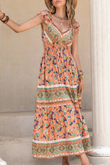 Smocked Printed V-Neck Cap Sleeve Dress