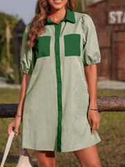 Stripe Color Block Patchwork Shirt Collar Button Down Puff Sleeve Mini Dress