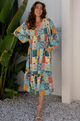 Floral Patchwork Long Sleeve Ruffle Hem Midi Dress