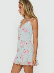 Sandia Lace Trim Mini Dress Blue Floral