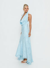Invisible String Cowl Plunge Backless Maxi Dress Light Blue