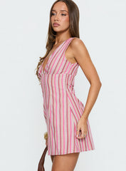 Daphney Plunge Mini Dress Pink Stripe