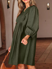 Bracelet Sleeve Split Neck Scallop Detail Pleated Corduroy Mini Dress