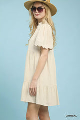 Umgee Linen Tiered Babydoll Dress with Scalloped Sleeves
