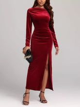 Ruched Velvet Long Sleeve Slit Dress