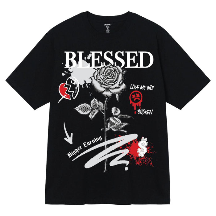 Black 3Forty Inc. 'Blessed Rose' T-shirt with floral graphic and crew neck, casual unisex tee for everyday wear.