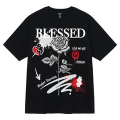 Black 3Forty Inc. 'Blessed Rose' T-shirt with floral graphic and crew neck, casual unisex tee for everyday wear.