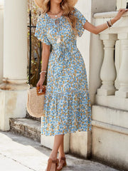 Floral Print Ruffle Hem Tie Front Midi Dress