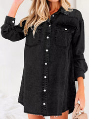 Chest Pocket Raw Hem Denim Loose Shirt Dress