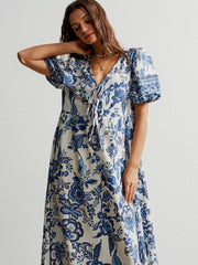 Floral Print Tie-Neck Puff Sleeve Maxi Dress