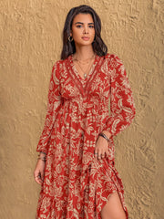 Boho Floral Print Long Sleeve Midi Dress