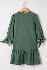 Contrast Ricrac Trim Button V Neck Knotted Bracelet Sleeve Shift Dress