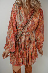 Boho Paisley Print Long Sleeve Mini Dress