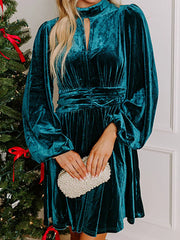 Velvet Mock Neck Balloon Sleeve Dress