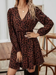 Leopard Print V-Neck Long Sleeve Mini Dress