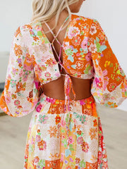 Vibrant Floral Long Sleeve Dress with Lace-Up Back