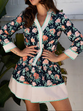 Floral Print Striped Trim V Neck Long Sleeve Ruffle Hem Shift Mini Dress