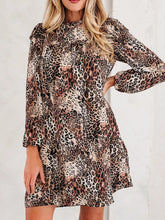 Leopard Ruffled Detail Long Sleeve Loose Mini Dress