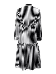 Striped Notched Long Sleeve Midi Dress