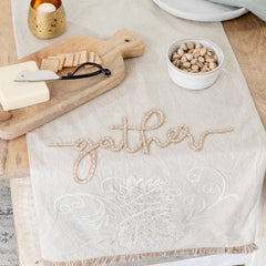 Cotton beige fringe edge gather table runner 72 x 16 inch for farmhouse transitional fall home decor from Magnolias Home Decor