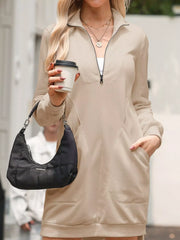 Zip Up Collared Ribbed Patchwork Sweatshirt Dress with Pockets