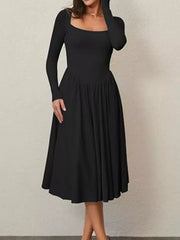 Square Neck Long Sleeve Midi Dress