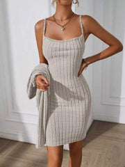 Ribbed Knit Bodycon Cami Dress with Cardigan