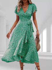 Floral Print Ruffle Hem Wrap Midi Dress