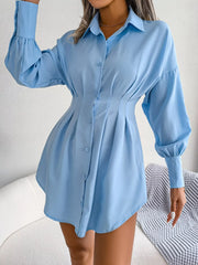 Elegant Button-Down Cinched Waist Mini Shirt Dress
