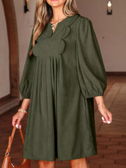 Bracelet Sleeve Split Neck Scallop Detail Pleated Corduroy Mini Dress